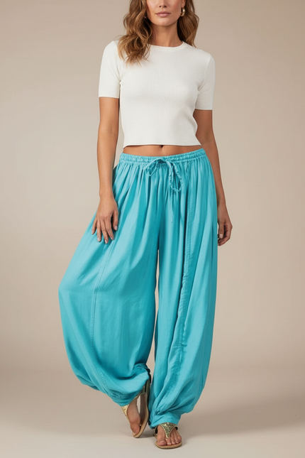 Pantalon Parachute Turquoise Fluide Ample Cheville Plissé - Bleu Viscose