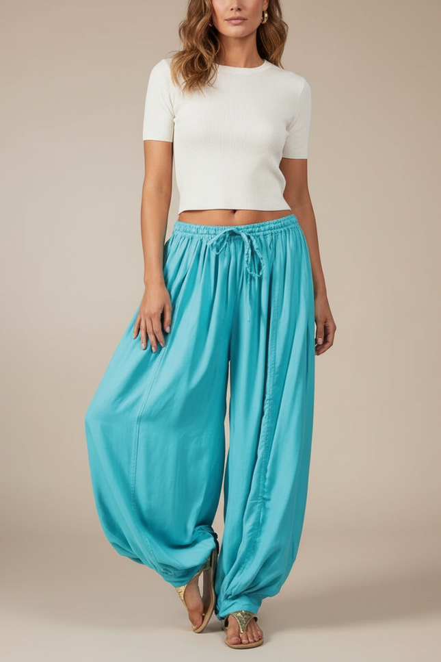 Pantalon Parachute Turquoise Fluide Ample Cheville Plissé - Bleu Viscose