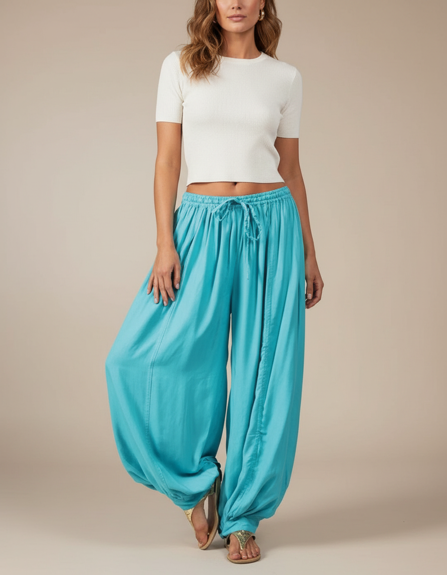 Pantalon Parachute Turquoise Fluide Ample Cheville Plissé - Bleu Viscose