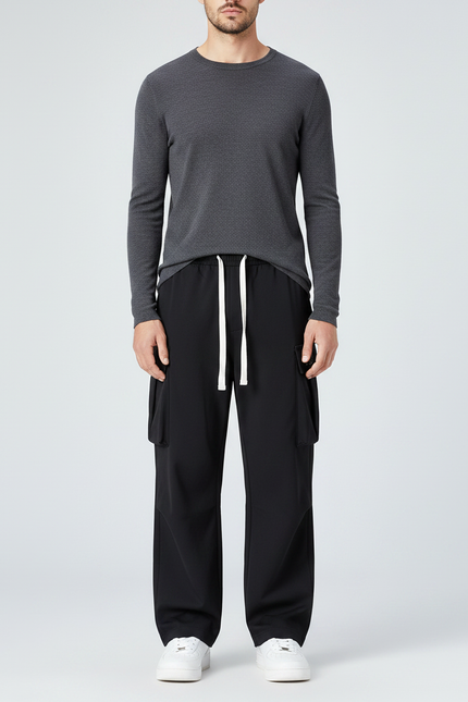 Pantalon Parachute Noir Ample Décontracté Urbain - Polyester