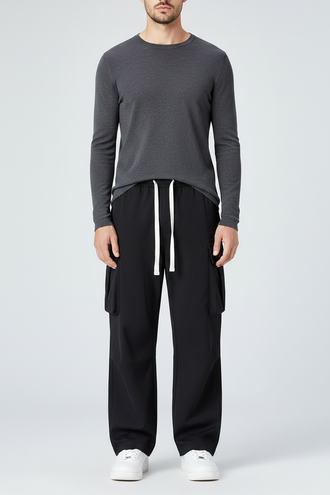 Pantalon Parachute Noir Ample Décontracté Urbain - Polyester