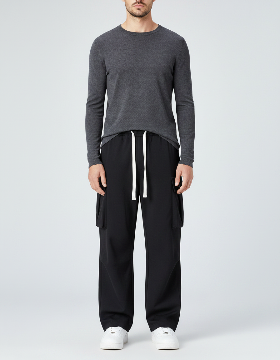 Pantalon Parachute Noir Ample Décontracté Urbain - Polyester