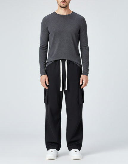 Pantalon Parachute Noir Ample Décontracté Urbain - Polyester