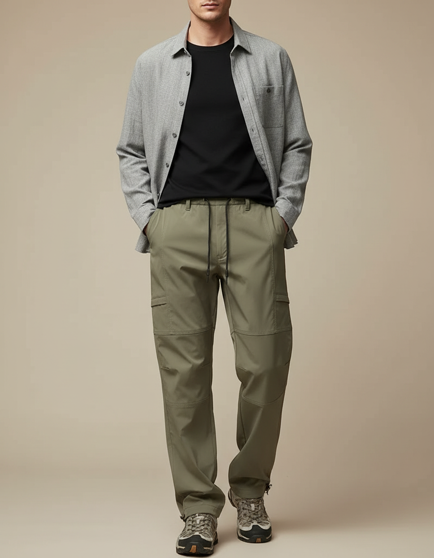 Pantalon Parachute Kaki Cordon Cargo Confortable Homme - Polyester