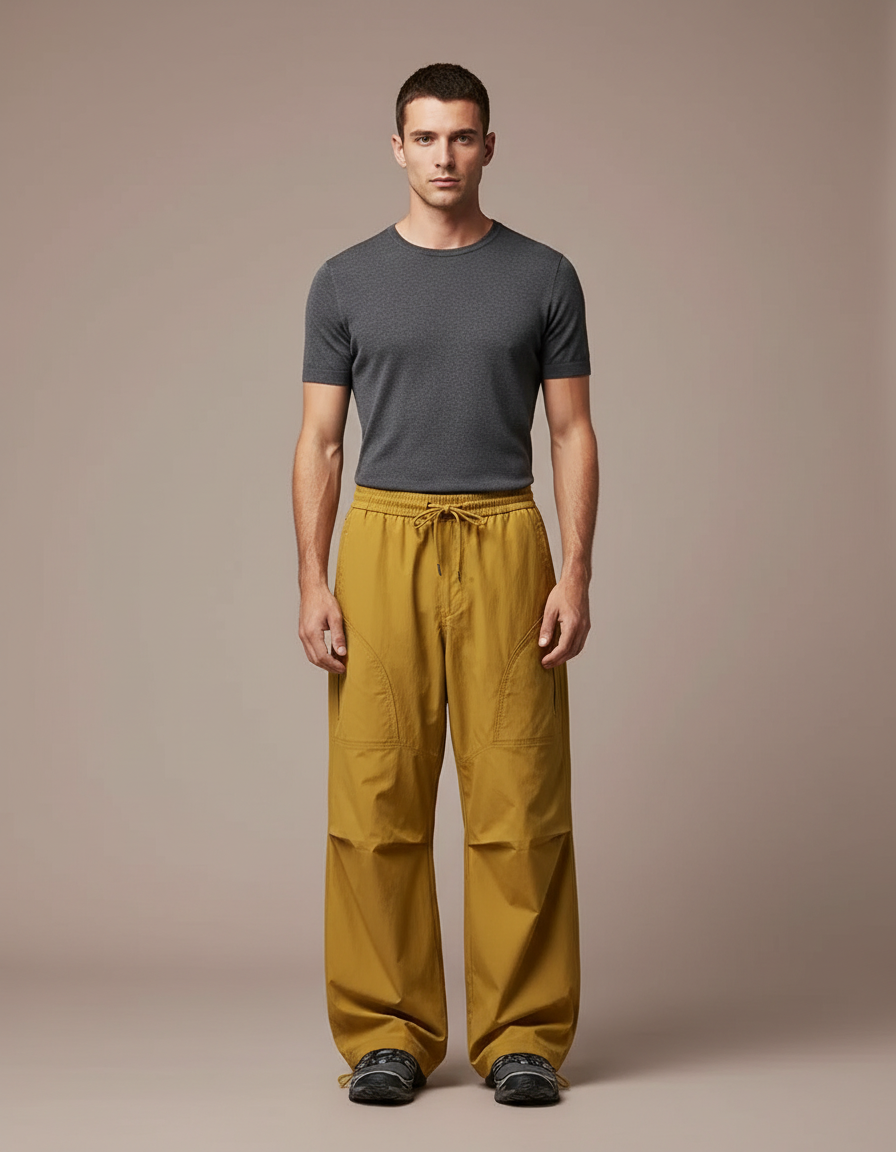 Pantalon Parachute Jaune Ample Léger Cordon Homme - Polyester
