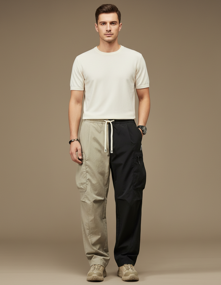 Pantalon Parachute Bicolore Cargo Ample Décontracté Homme - Multicolore Polyester