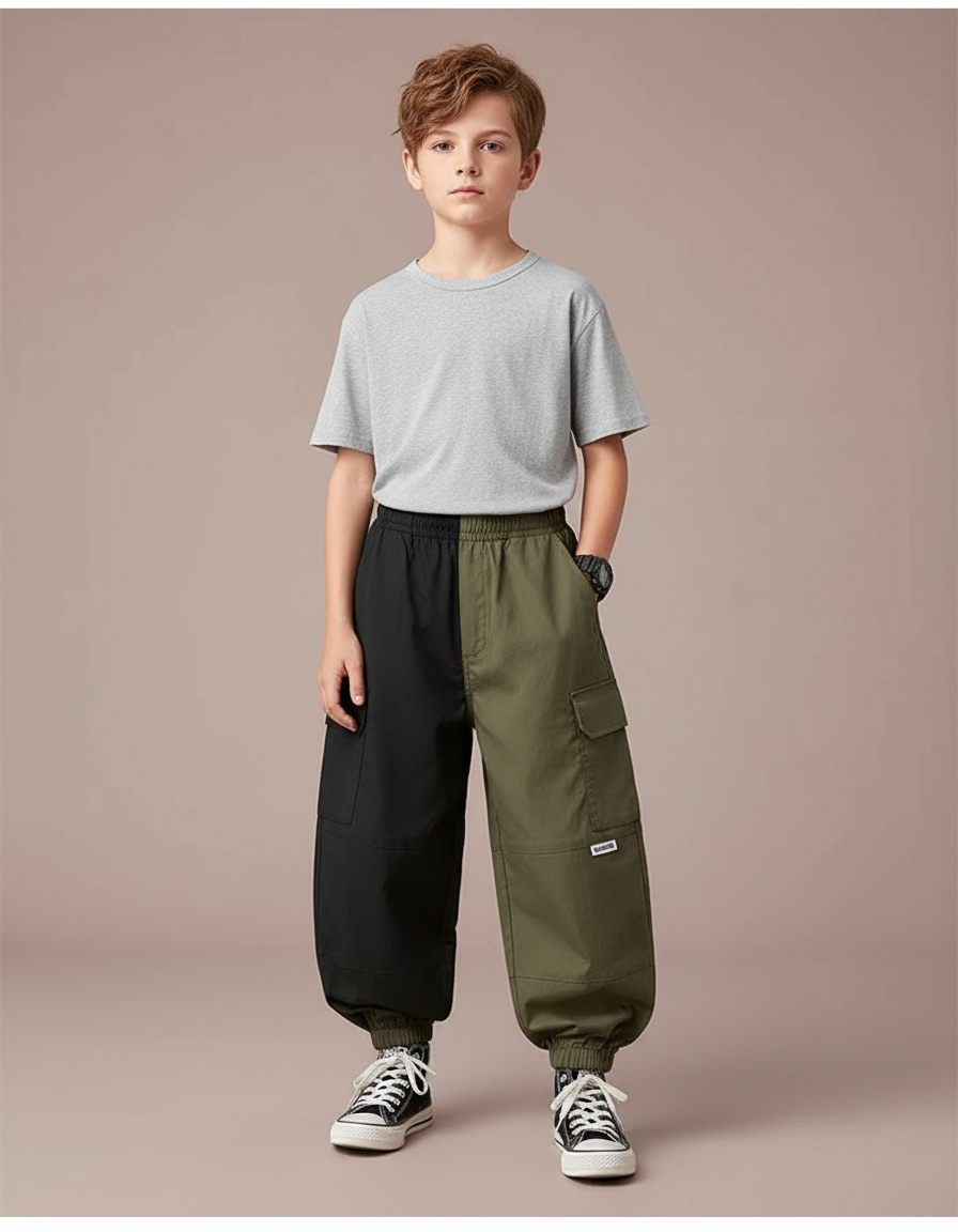 Pantalon Parachute Bicolore Cargo Ample Garçon Moderne - Multicolore Polyester