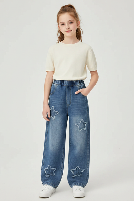 Pantalon Parachute Denim Étoiles Ample Enfant Bleu - Jean