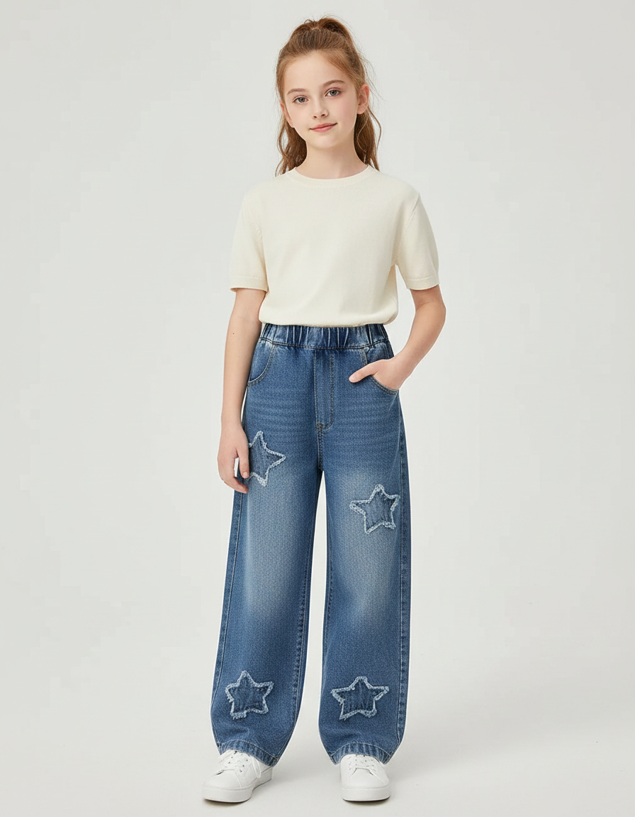 Pantalon Parachute Denim Étoiles Ample Enfant Bleu - Jean