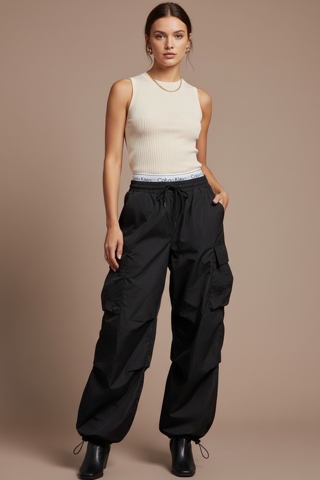 Pantalon Parachute Noir Cargo Ample Streetwear Femme - Polyester