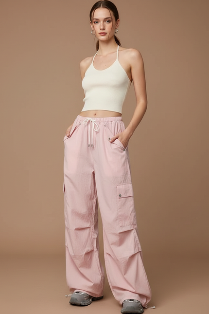 Pantalon Parachute Rose Cargo Ample Femme Cordon - Polyester