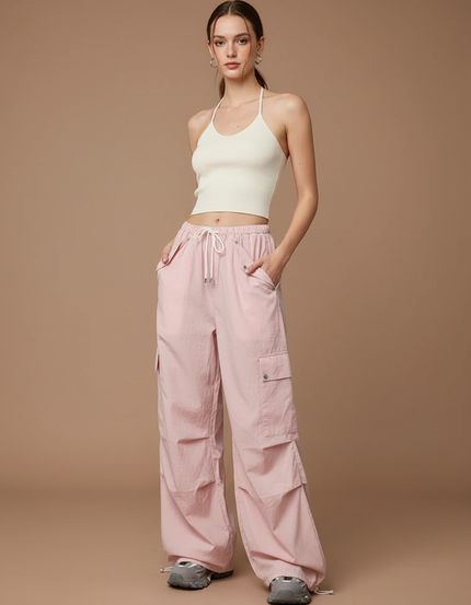 Pantalon Parachute Rose Cargo Ample Femme Cordon - Polyester