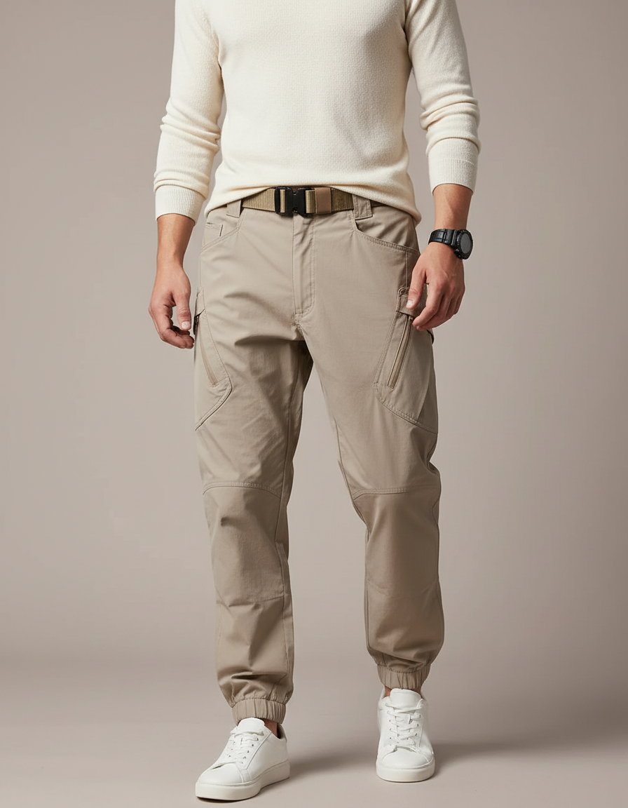 Pantalon Parachute Beige Cargo Tactique Homme Ajusté - Polyester