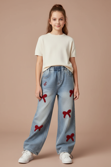Pantalon Parachute Denim Ample Nœuds Rouges Fille - Bleu Jean