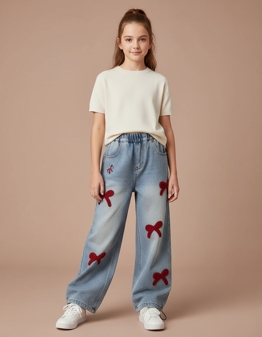 Pantalon Parachute Denim Ample Nœuds Rouges Fille - Bleu Jean