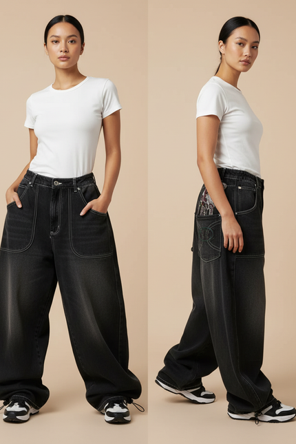 Pantalon Parachute Noir Délavé Ample Imprimé Denim Femme - Jean