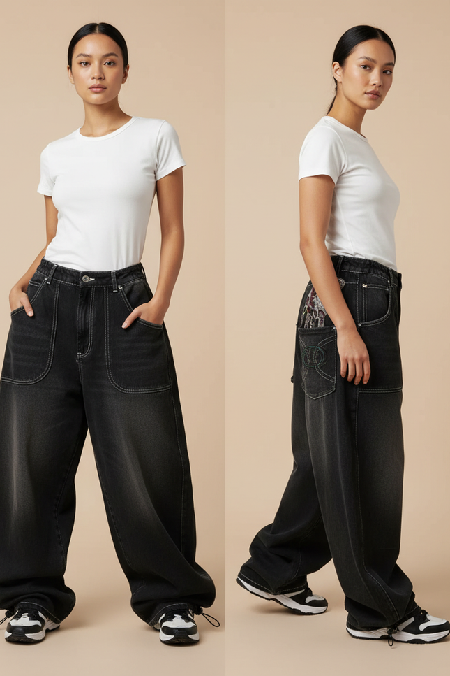 Pantalon Parachute Noir Délavé Ample Imprimé Denim Femme - Jean