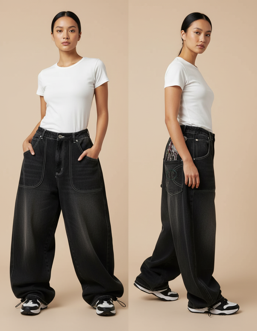 Pantalon Parachute Noir Délavé Ample Imprimé Denim Femme - Jean
