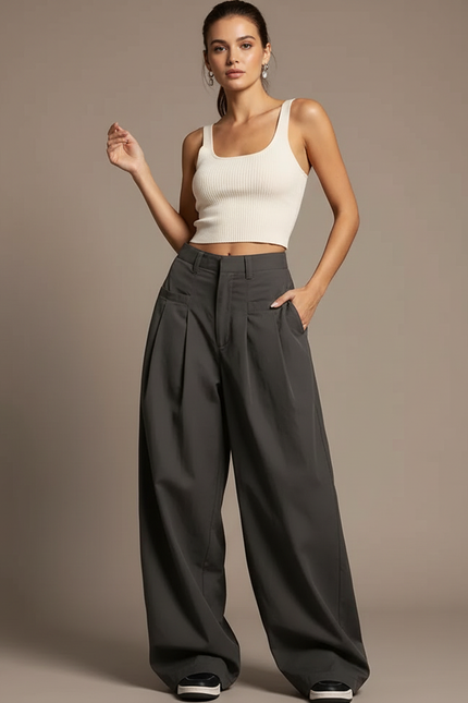 Pantalon Parachute Gris Ample Taille Haute Fluide - Polyester