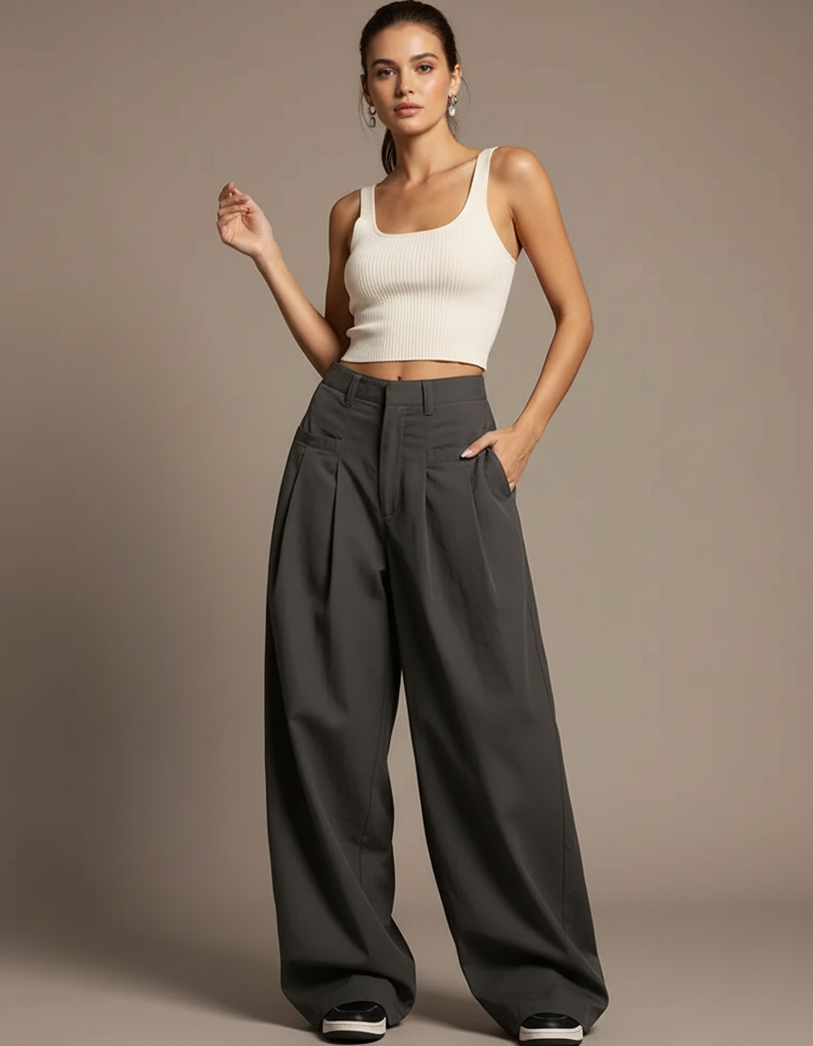 Pantalon Parachute Gris Ample Taille Haute Fluide - Polyester