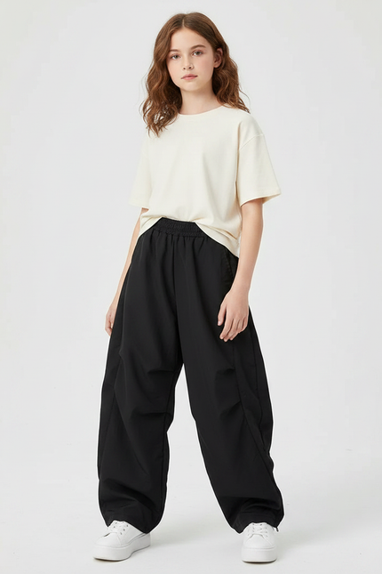 Pantalon Parachute Noir Ample Décontracté Fille - Polyester