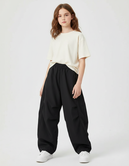 Pantalon Parachute Noir Ample Décontracté Fille - Polyester