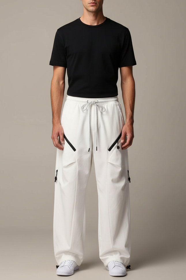 Pantalon Parachute Blanc Ample Cargo Zippé Homme - Toile