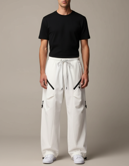 Pantalon Parachute Blanc Ample Cargo Zippé Homme - Toile