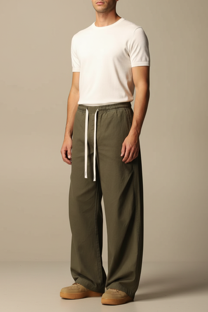 Pantalon Parachute Kaki Ample Coton Décontracté Cordon Homme