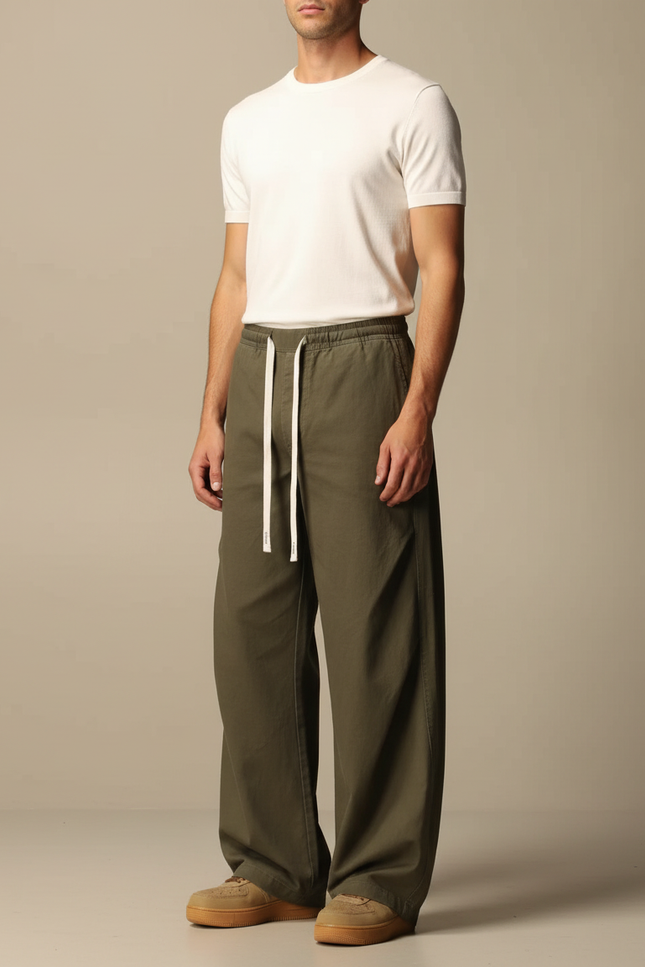 Pantalon Parachute Kaki Ample Coton Décontracté Cordon Homme
