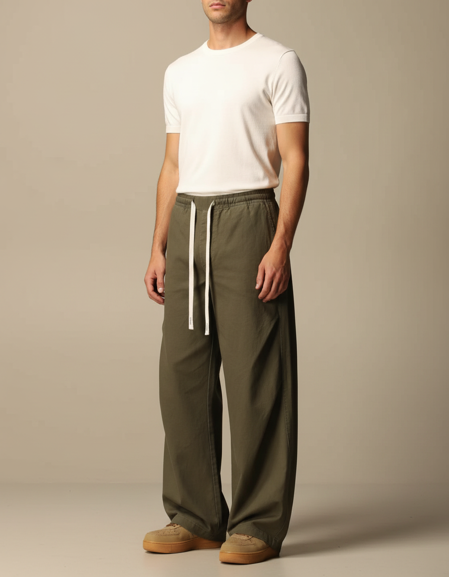 Pantalon Parachute Kaki Ample Coton Décontracté Cordon Homme