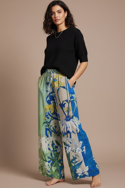 Pantalon Parachute Fluide Imprimé Floral Ample Estival - Multicolore Lin