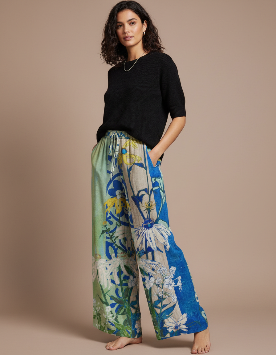 Pantalon Parachute Fluide Imprimé Floral Ample Estival - Multicolore Lin