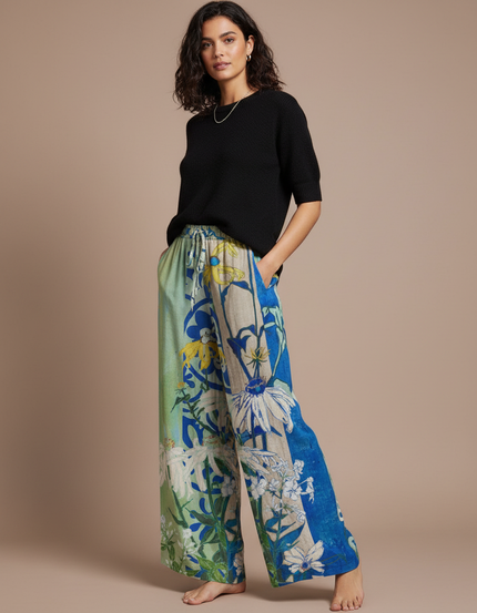 Pantalon Parachute Fluide Imprimé Floral Ample Estival - Multicolore Lin