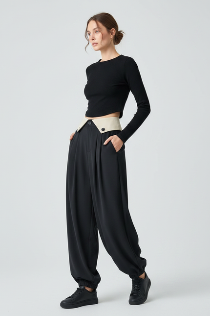 Pantalon Parachute Noir Fluide Drapé Taille Haute - Polyester