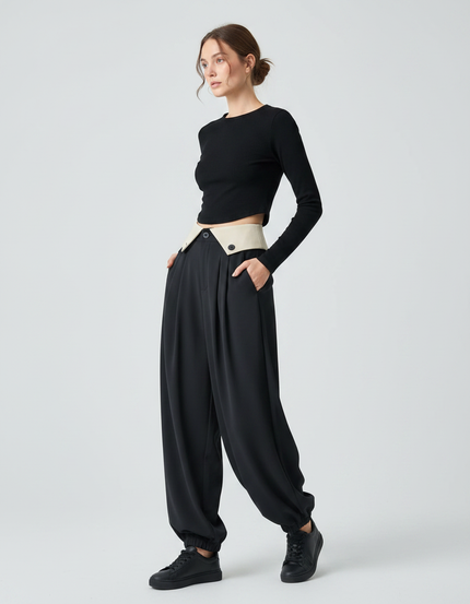 Pantalon Parachute Noir Fluide Drapé Taille Haute - Polyester
