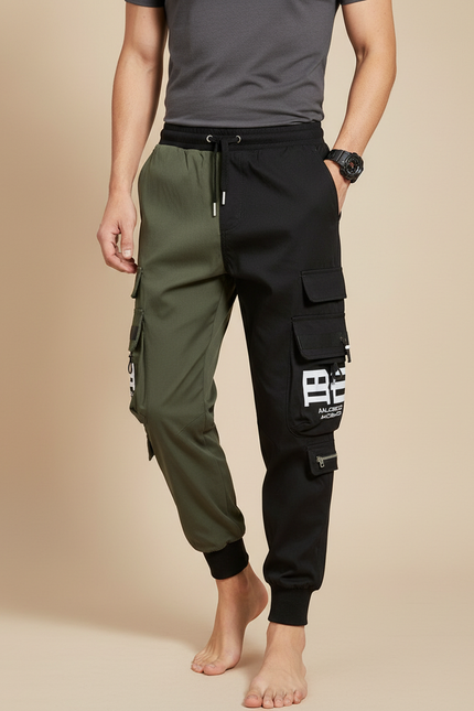 Pantalon Parachute Bicolore Cargo Imprimé Jogger Homme - Multicolore Polyester