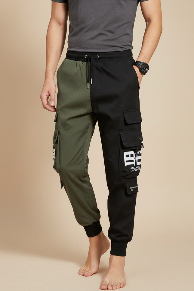 Pantalon Parachute Bicolore Cargo Imprimé Jogger Homme - Multicolore Polyester