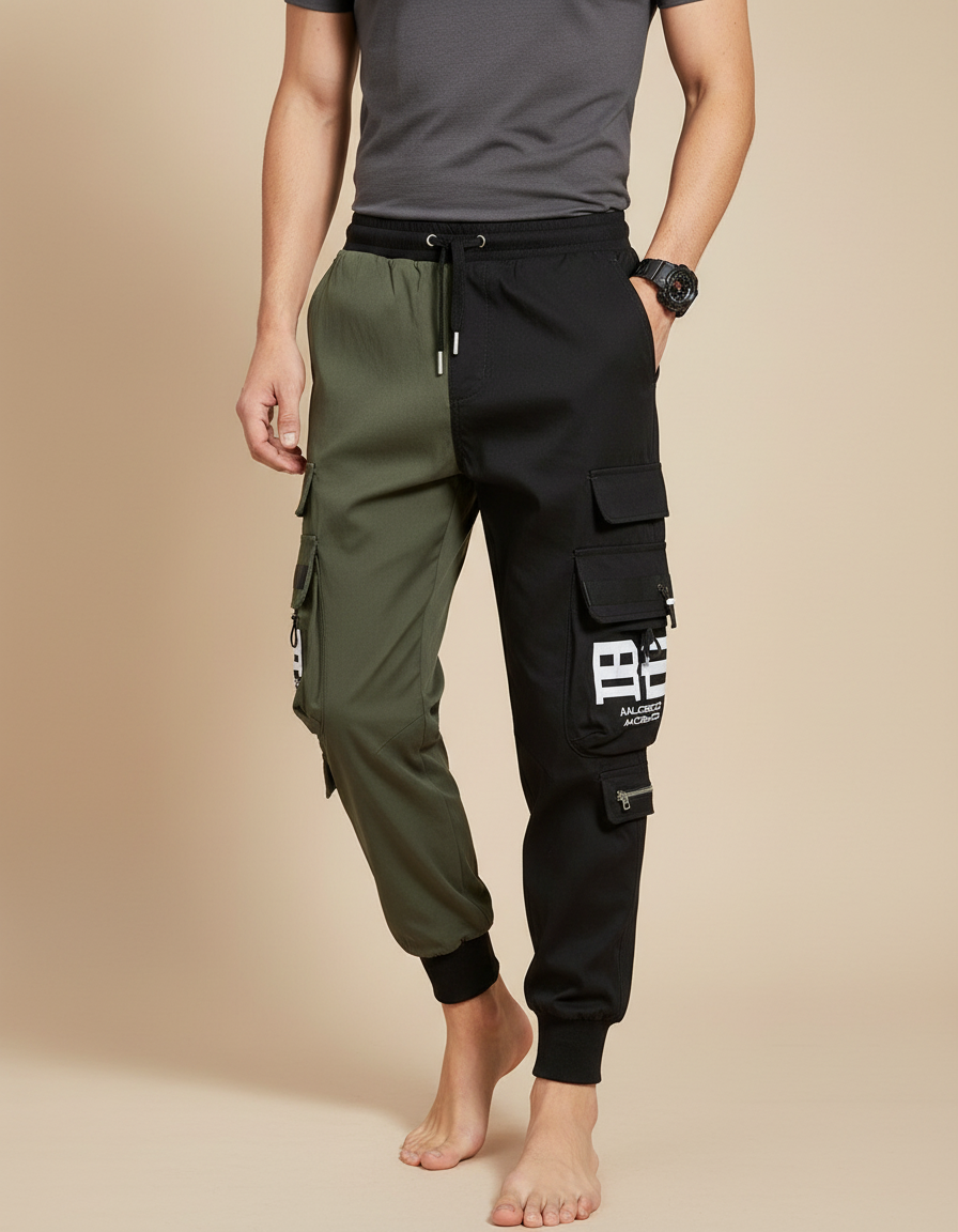 Pantalon Parachute Bicolore Cargo Imprimé Jogger Homme - Multicolore Polyester