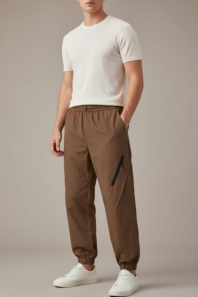 Pantalon Parachute Marron Ample Décontracté Zippé Homme - Polyester