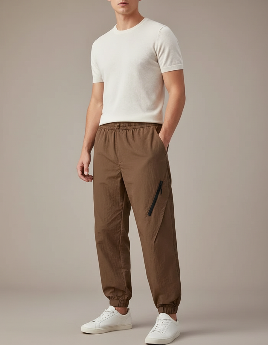 Pantalon Parachute Marron Ample Décontracté Zippé Homme - Polyester