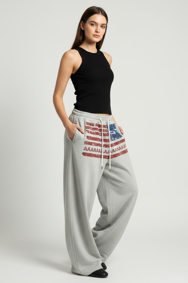 Pantalon Parachute Gris Ample Drapeau Américain Molleton