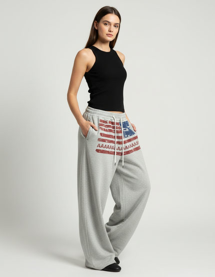 Pantalon Parachute Gris Ample Drapeau Américain Molleton
