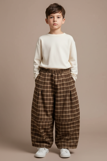 Pantalon Parachute Plaid Marron Ample Garçon Hiver - Tweed
