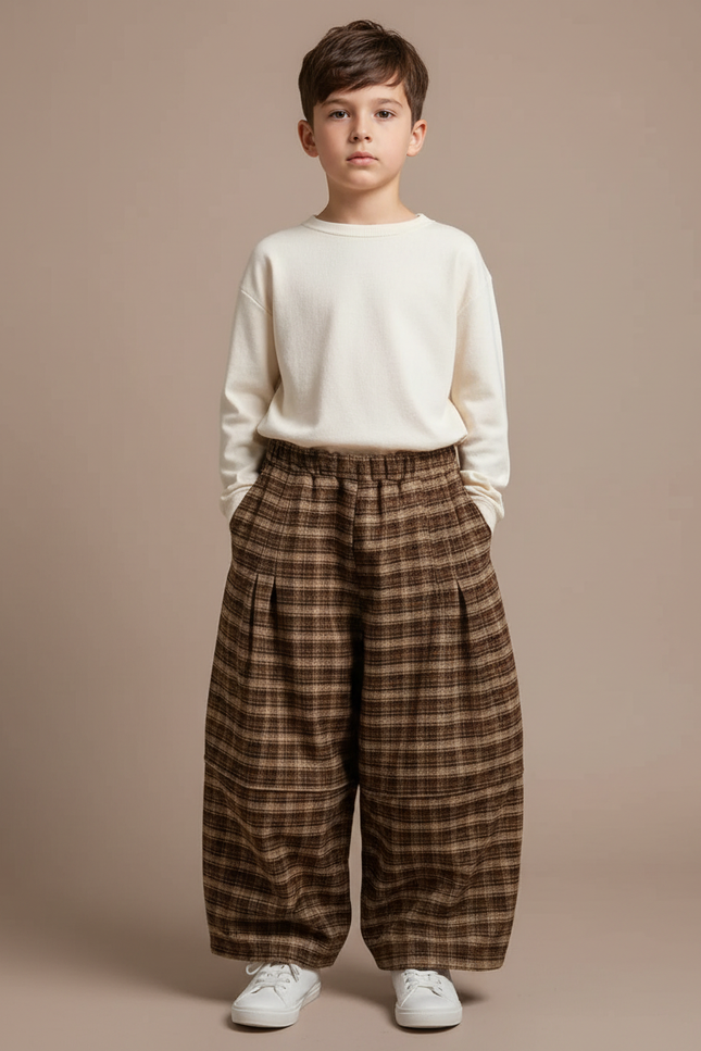 Pantalon Parachute Plaid Marron Ample Garçon Hiver - Tweed