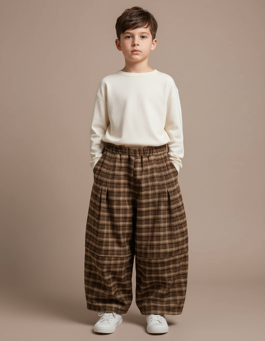Pantalon Parachute Plaid Marron Ample Garçon Hiver - Tweed