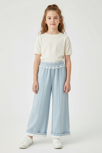 Pantalon Parachute Bleu Ciel Ample Molletonné Fille