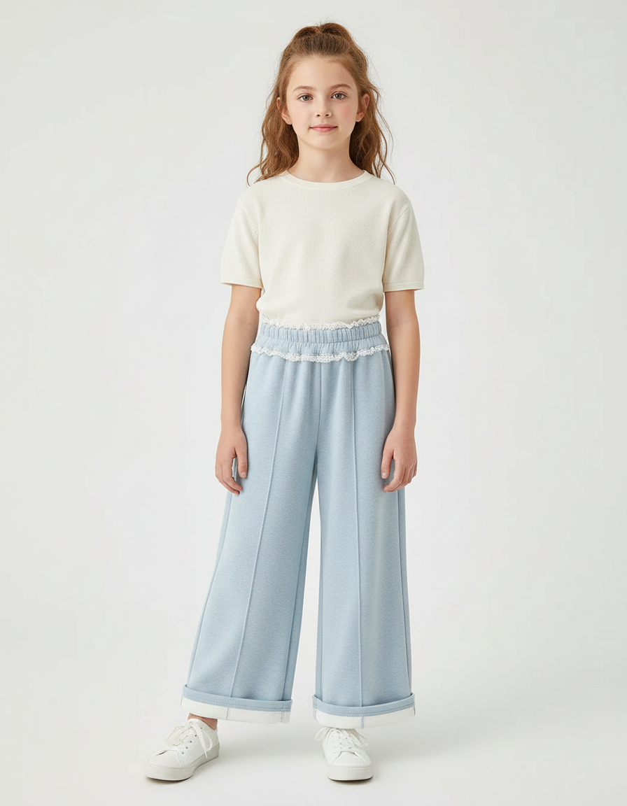 Pantalon Parachute Bleu Ciel Ample Molletonné Fille