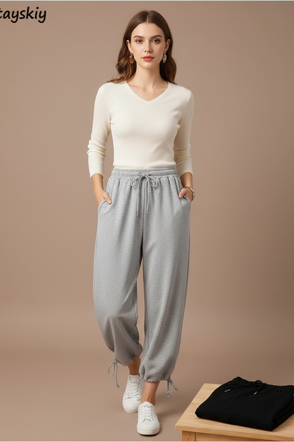 Pantalon Parachute Gris Ample Cordon Décontracté Confortable - Molleton