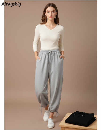 Pantalon Parachute Gris Ample Cordon Décontracté Confortable - Molleton